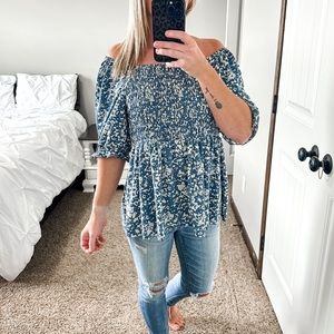 MELLODAY  Blue/White Off Shoulder Floral Flowy Blouse Large